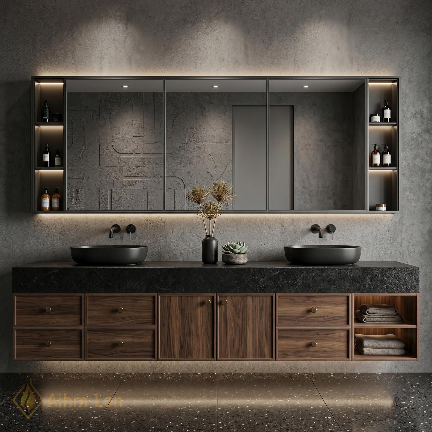 72''-96'' Double Bathroom Vanity with Sink Dark-Walnut Wood Modern Floating Stone