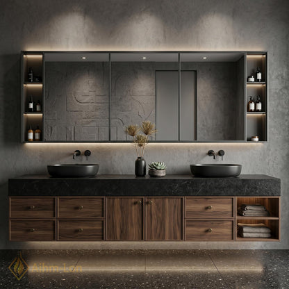 72''-96'' Double Bathroom Vanity with Sink Dark-Walnut Wood Modern Floating Stone