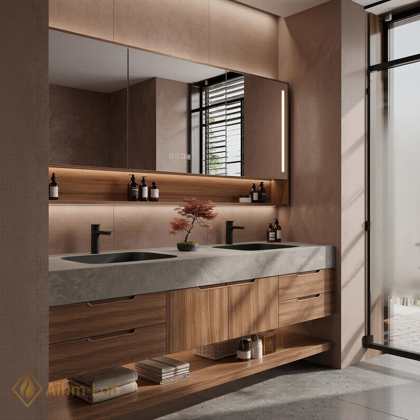 60''-96'' Modern Floating Bathroom Vanity with Sink Double Warm Wood Veneer Shelving