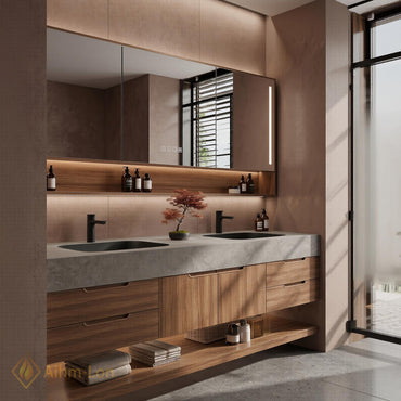 60''-96'' Modern Floating Bathroom Vanity with Sink Double Warm Wood Veneer Shelving