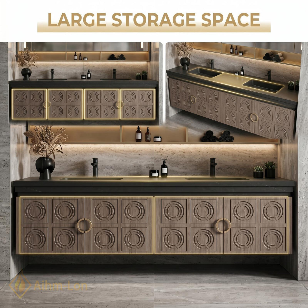60''-96'' Double Bathroom Vanity with Sink Floating Geometric Relief Panels Shelf Storage