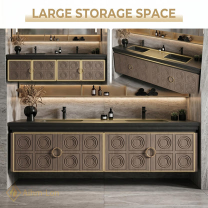 60''-96'' Double Bathroom Vanity with Sink Floating Geometric Relief Panels Shelf Storage