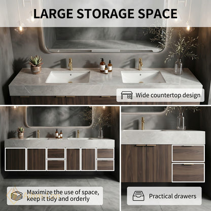 78''-96'' Double Bathroom Vanity with Sink Dark Walnut Finish Slatted Center Storage