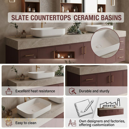 76''-96'' Bathroom Vanity with Sink Floating Double Stone Top Taupe Finish Spacious