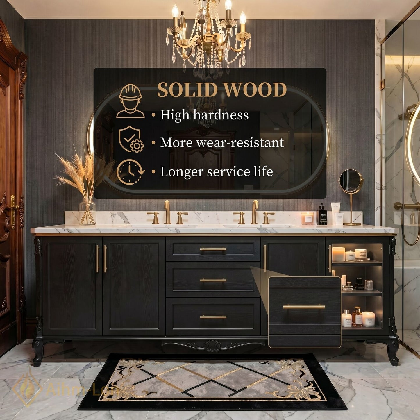60''-96'' Double Bathroom Vanity with Sink Curved Marble-Look Stone Glass Display Cabinet