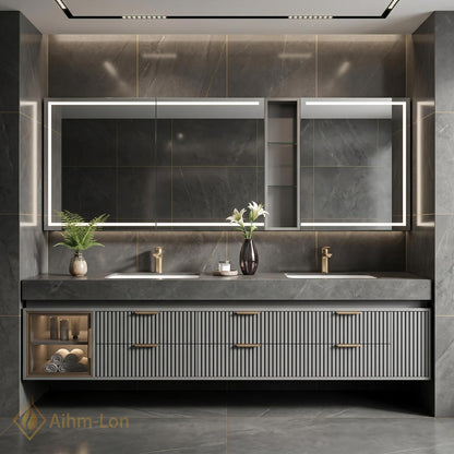 60''-96'' Double Bathroom Vanity with Sink Wall-Mounted Gray Stone Texture Ribbed Panel
