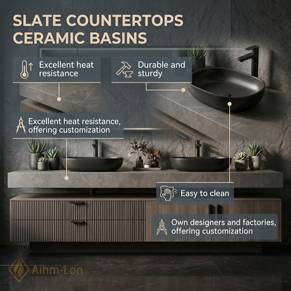 60''-96'' Double Bathroom Vanity with Sink Slatted Panel Grey Stone Top