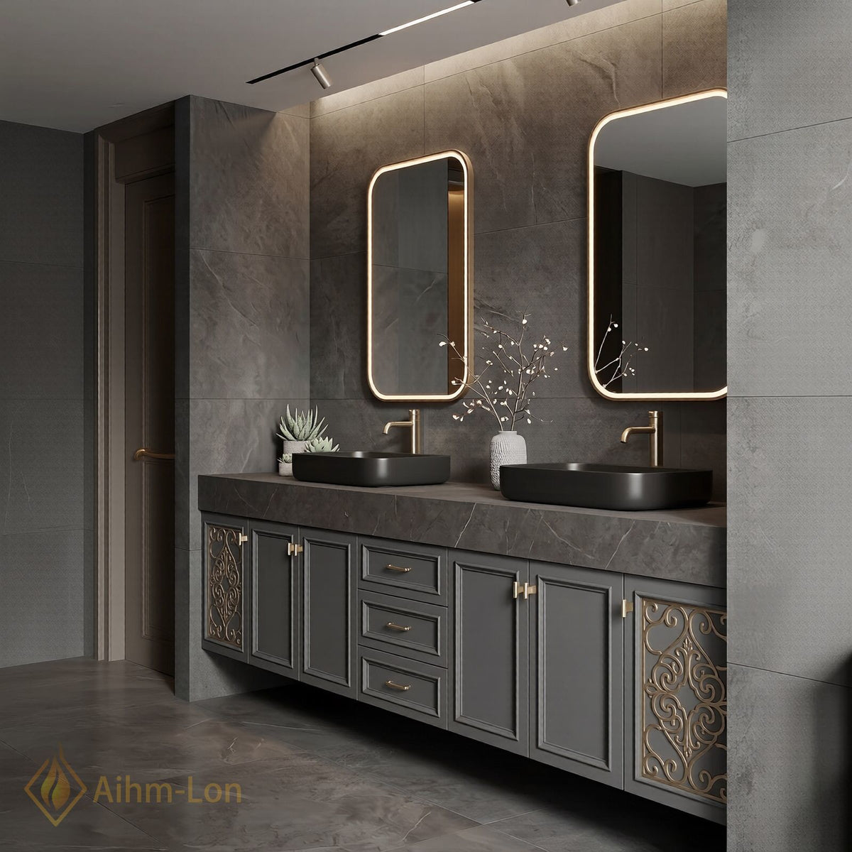 78''-96'' Double Bathroom Vanity with Sink Dark Slate Finish Slatted Center Panel