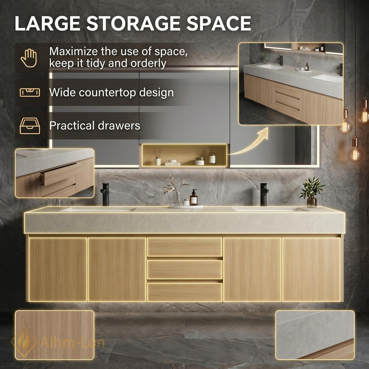 60''-96'' Bathroom Vanity with Sink Modern Floating Natural Oak Grain Countertop