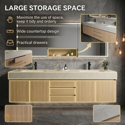 60''-96'' Bathroom Vanity with Sink Modern Floating Natural Oak Grain Countertop