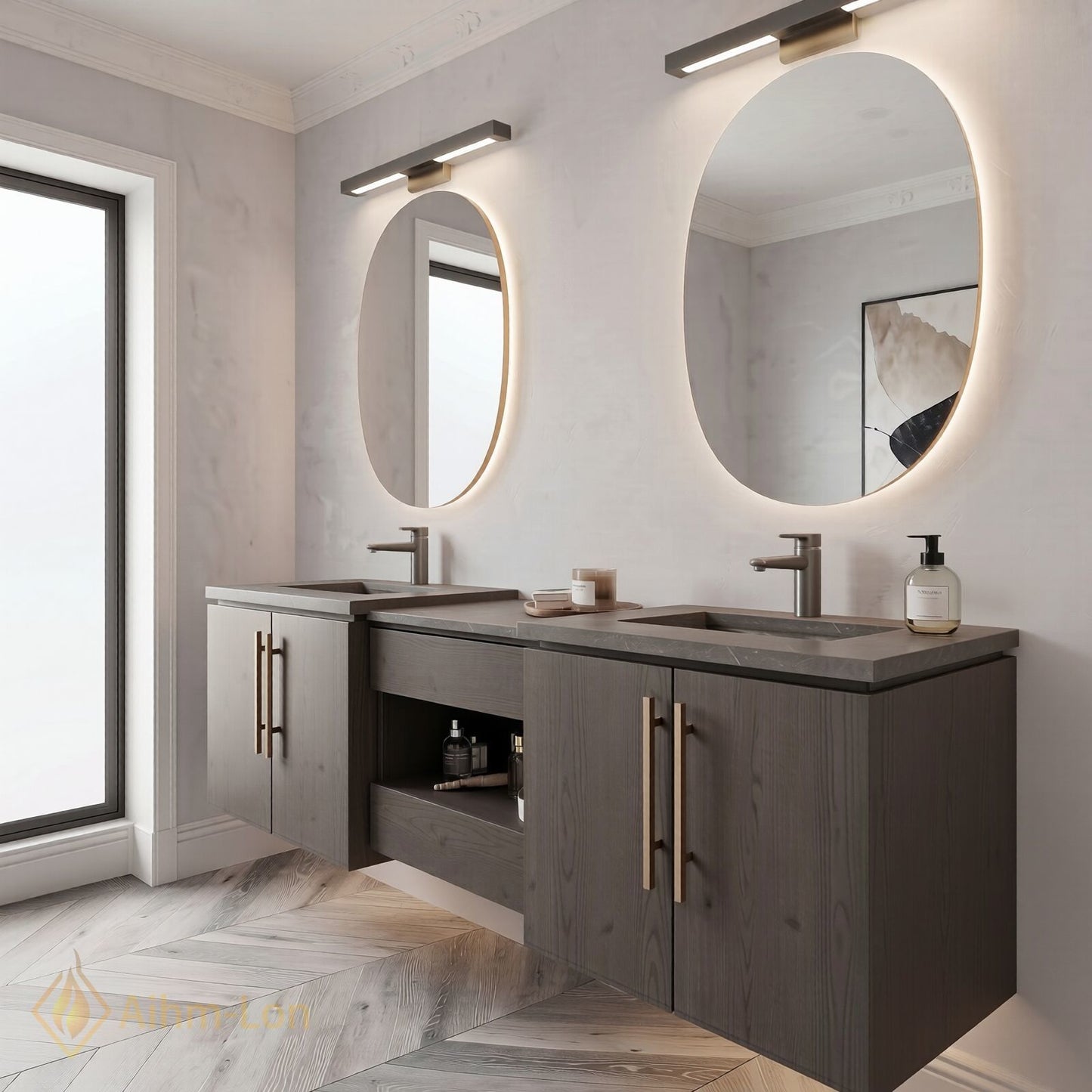 60''-96'' Modern Bathroom Vanity with Sink Wood Grain Oval Mirrors Open Center Storage