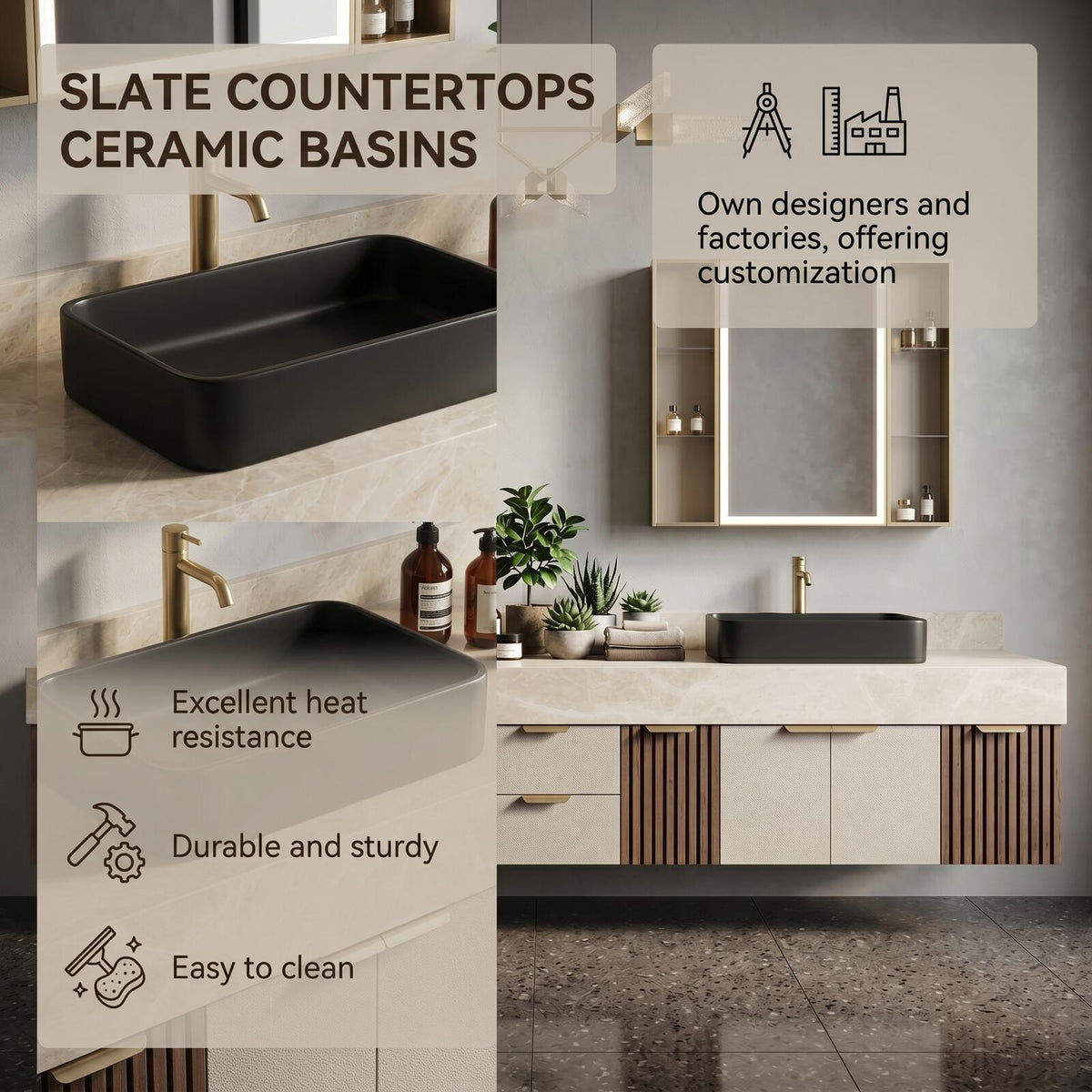 60''-96'' Double Bathroom Vanity with Sink Contemporary Floating Stone Top Open Shelving