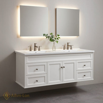 60''-96'' Double Bathroom Vanity with Sink Flush Panel Glass Cabinet Drawers Solid Wood