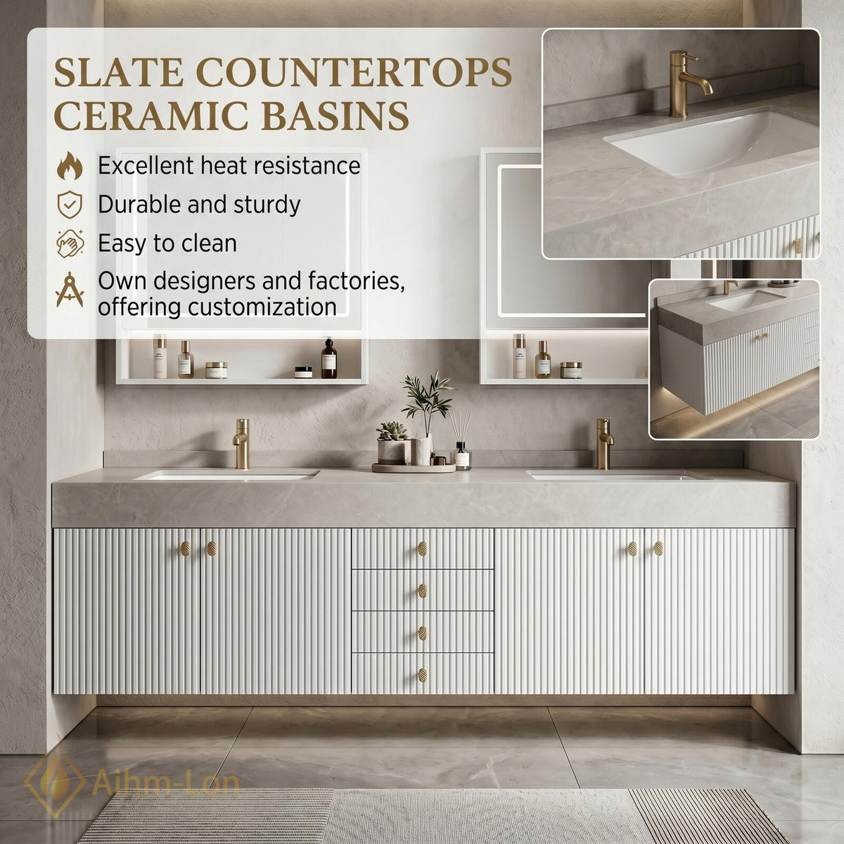 60''-96'' Double Bathroom Vanity with Sink Modern White Ribbed Gold Hardware Center Cabinet