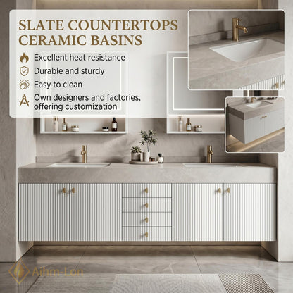 60''-96'' Double Bathroom Vanity with Sink Modern White Ribbed Gold Hardware Center Cabinet
