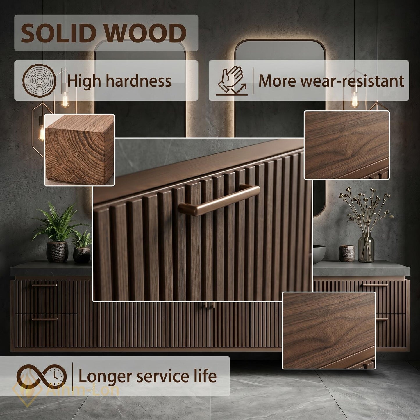 70''-96'' Double Bathroom Vanity with Sink Dark Modern Floating Slatted-Panels Bronze