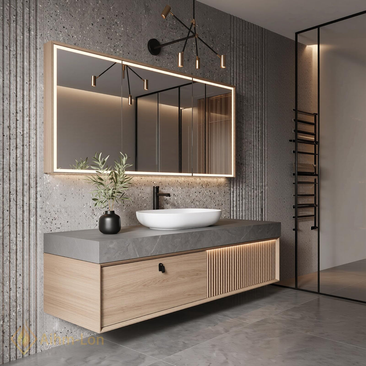 36''-110'' Floating Bathroom Vanity with Sink Riveted Slats Open Niche Slate Top