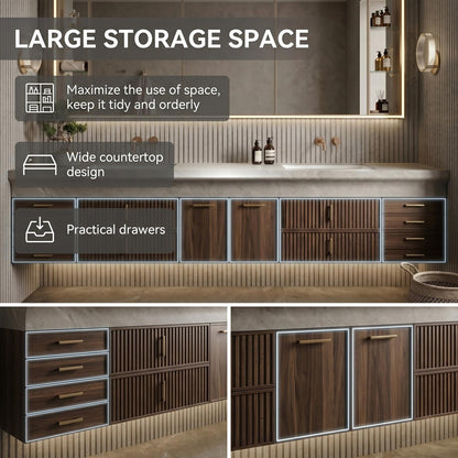 60''-96'' Double Bathroom Vanity with Sink Modern Floating Ribbed Cabinet Rich Timber Finish