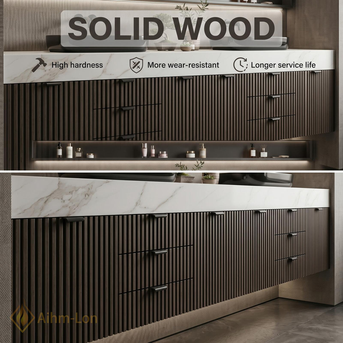 60''-96'' Double Bathroom Vanity with Sink Modern Floating Dark Walnut Slatted Front
