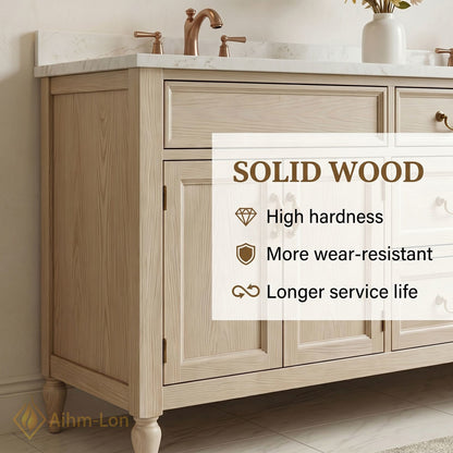 76''-96'' Classic Bathroom Vanity with Sink Light Wood Grain Marble Shaker Drawers