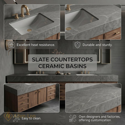 60''-96'' Double Bathroom Vanity with Sink Slatted Panel Finish Marble Top