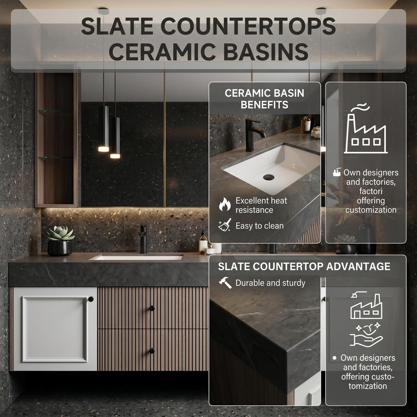 70''-96'' Modern Bathroom Vanity with Sink Double Sink Slatted Center Panel Dark Grey Stone