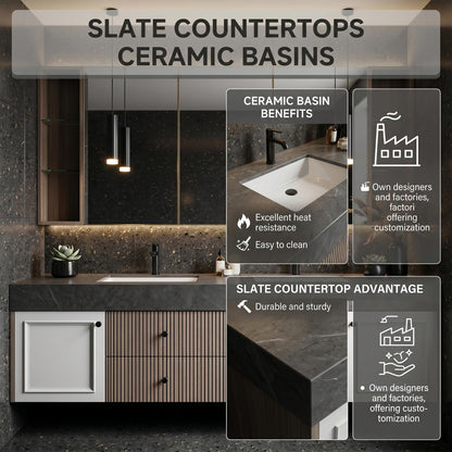 70''-96'' Modern Bathroom Vanity with Sink Double Sink Slatted Center Panel Dark Grey Stone