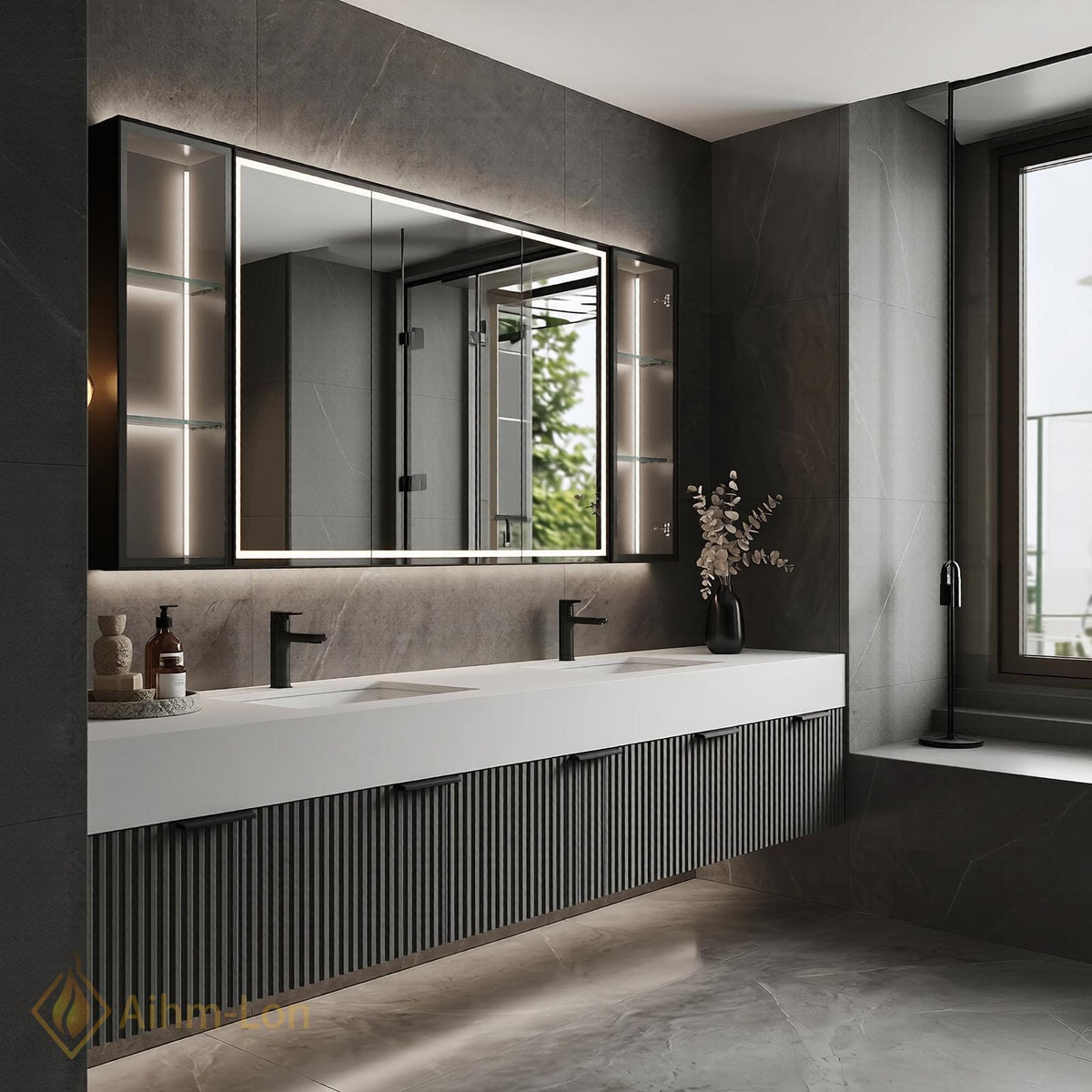 60''-96'' Double Bathroom Vanity with Sink Fluted Front Panels Matte Dark Finish