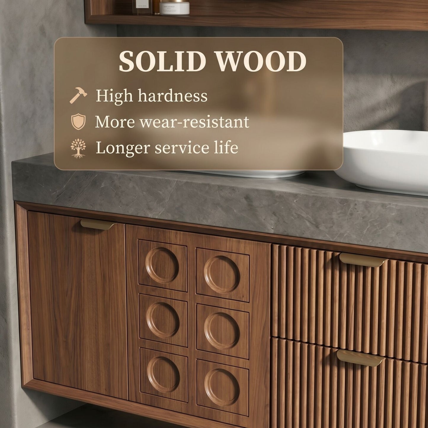 70''-96'' Double Bathroom Vanity with Sink Deep Groove Panels Open Wood Shelves