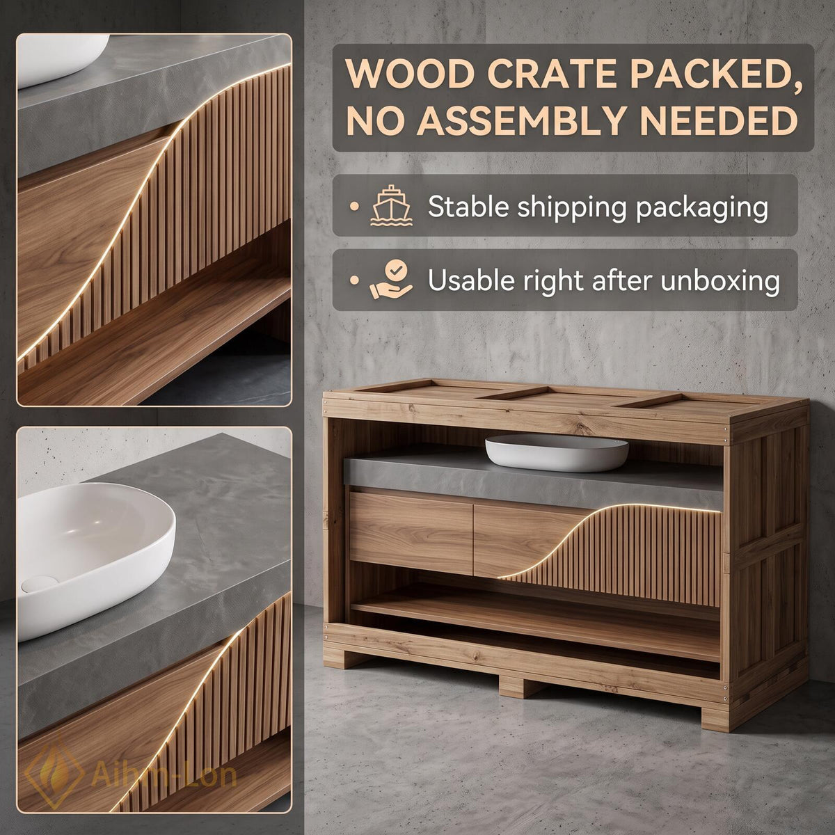 36''-110'' Floating Bathroom Vanity with Sink Wavy Wood Front Stone Top