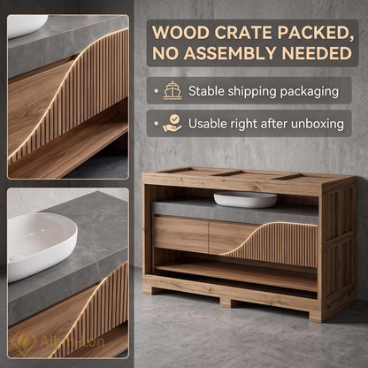 36''-110'' Floating Bathroom Vanity with Sink Wavy Wood Front Stone Top