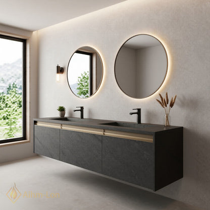 60''-96'' Floating Bathroom Vanity with Sink Dual Basin Grey Marble Finish Gold Mirrors