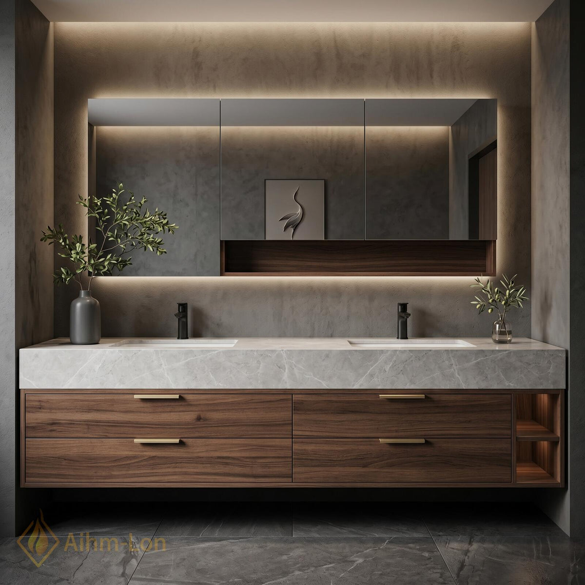 60''-96'' Double Bathroom Vanity with Sink Dark Walnut Finish Slatted Open Shelving