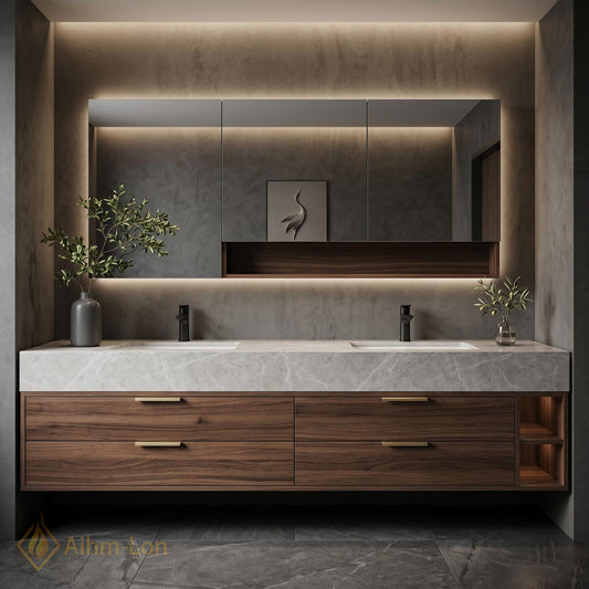 60''-96'' Double Bathroom Vanity with Sink Dark Walnut Finish Slatted Open Shelving