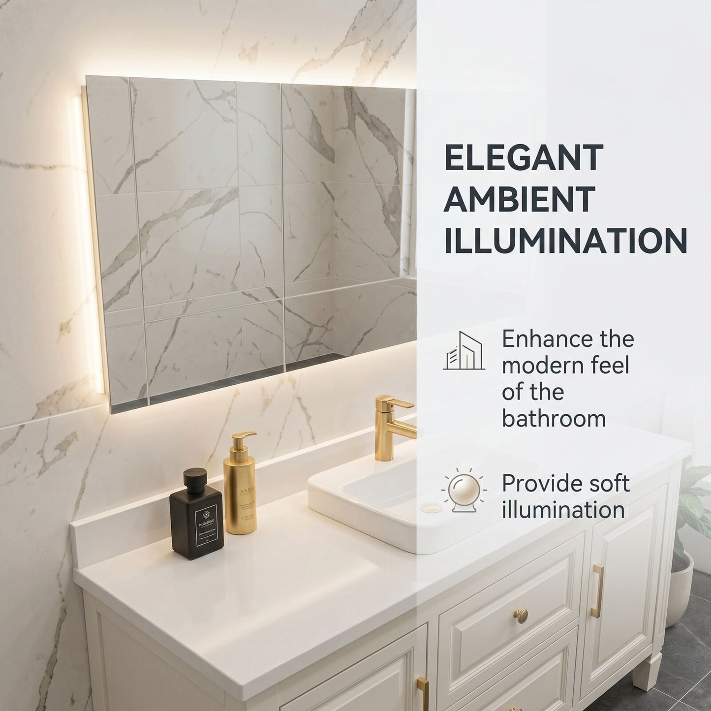 50''-64'' Elegant Bathroom Vanity with Sink White Wood-Paneled Stone LED Fluted Mirror