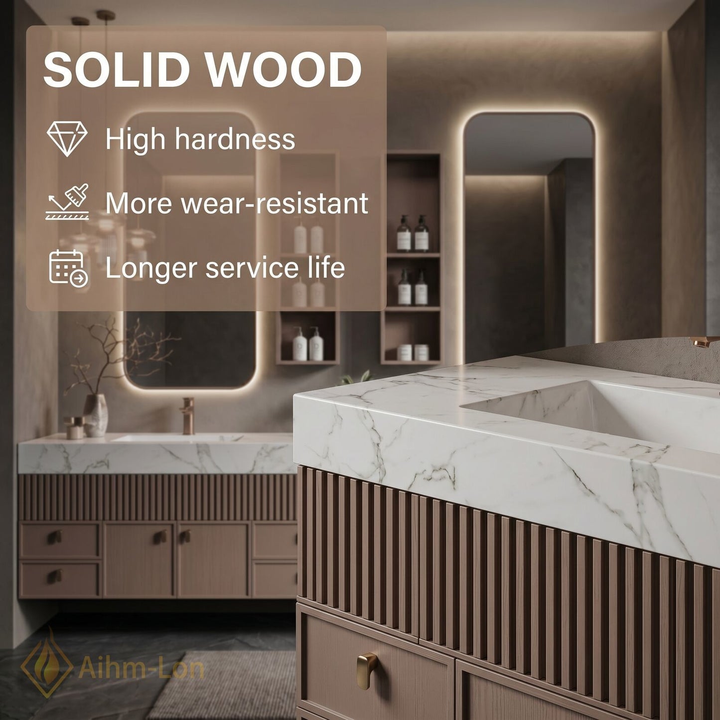 76''-96'' Double Bathroom Vanity with Sink Floating Slatted Wood Design Wide Marble
