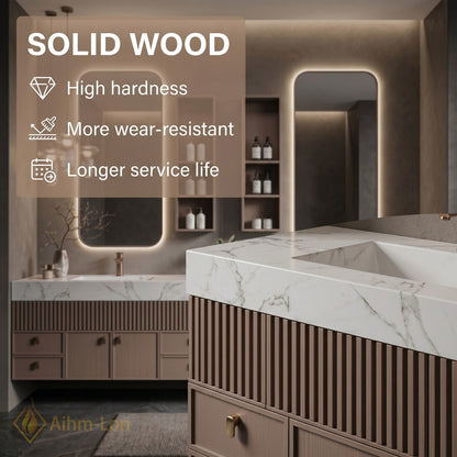 76''-96'' Double Bathroom Vanity with Sink Floating Slatted Wood Design Wide Marble