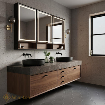 60''-96'' Double Bathroom Vanity with Sink Modern Floating Walnut Wood Stone-Top Spacious