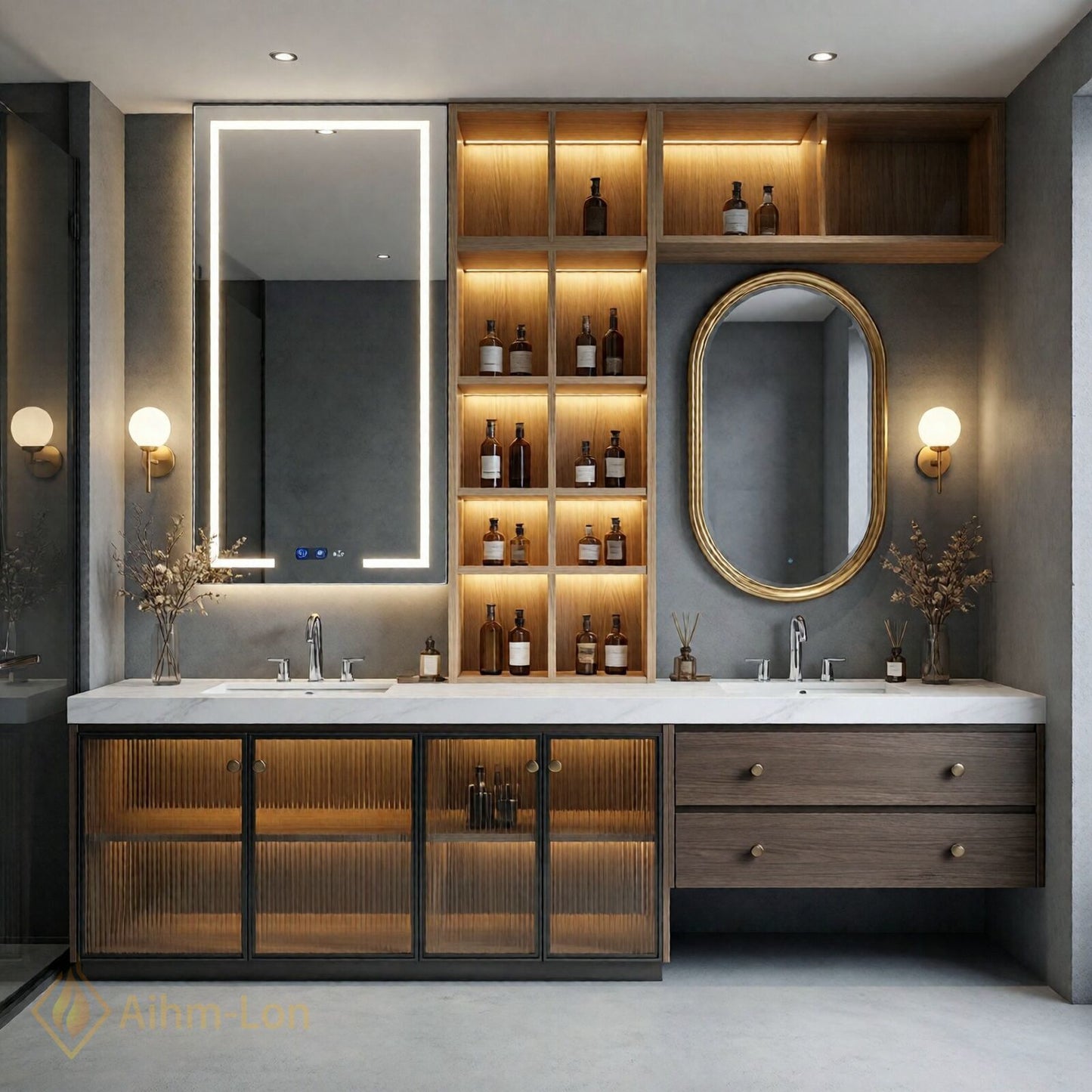 60''-96'' Double Bathroom Vanity with Sink Textured Glass White Marble-Effect Wall Shelves Cabinet