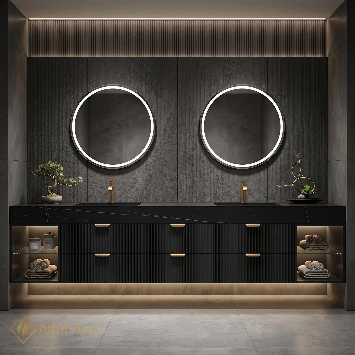 60''-96'' Double Bathroom Vanity with Sink Dark Modern Floating Stone-Top Stone