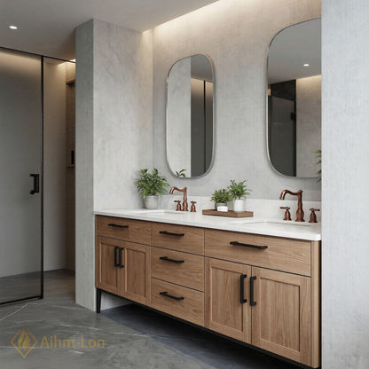 70''-96'' Modern Bathroom Vanity with Sink Floating Wood-Grain White Marble Black Handles