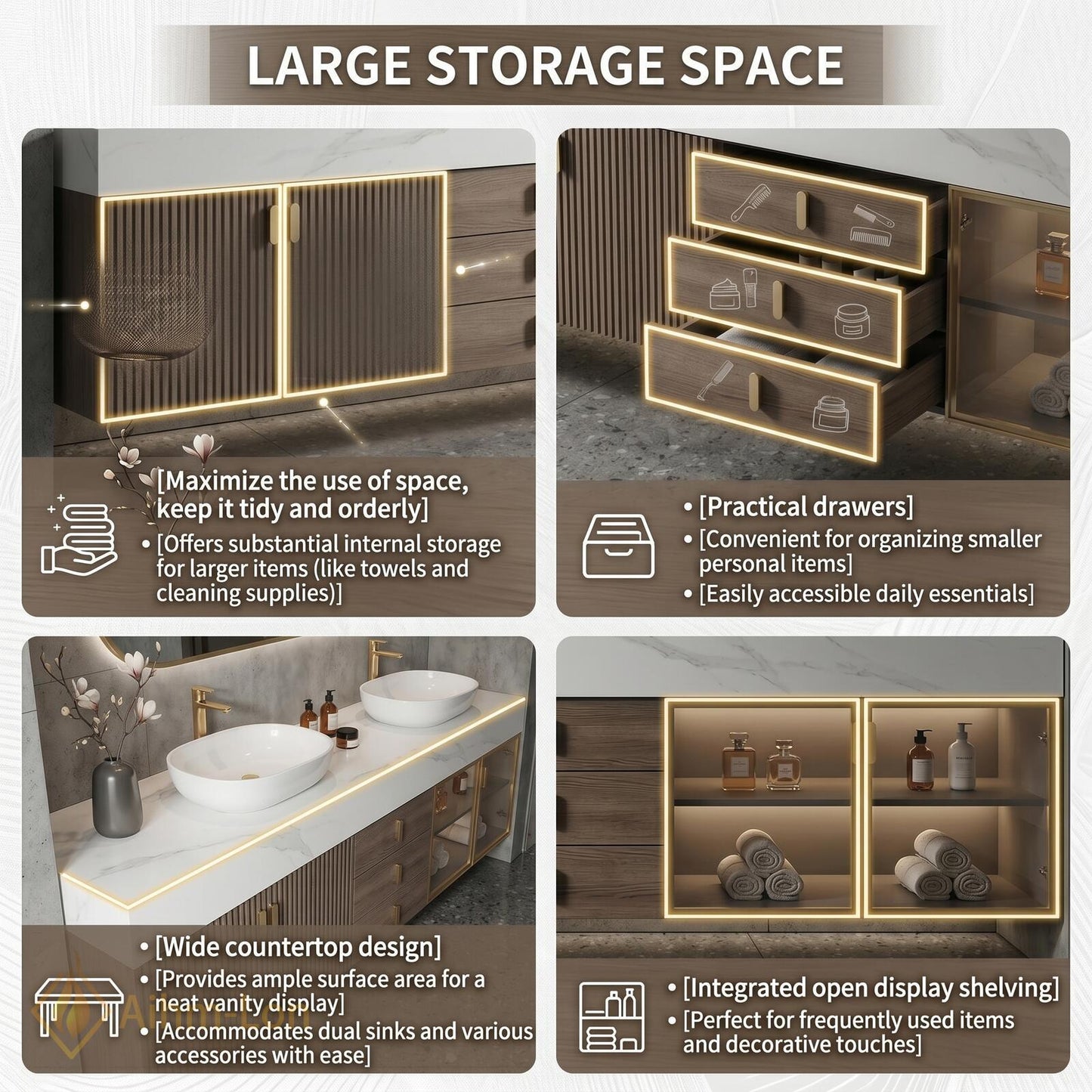 74''-96'' Double Bathroom Vanity with Sink Modern Floating Doors Glass Storage Open