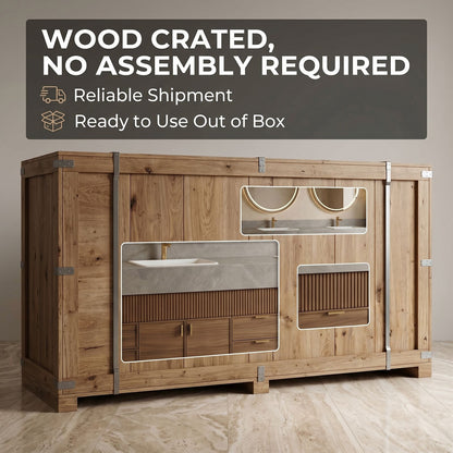 78''-96'' Modern Bathroom Vanity with Sink Double Sink Ribbed Texture Warm Wood Grain Cabinet