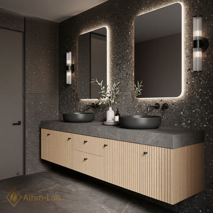 76''-96'' Double Bathroom Vanity with Sink Grey Stone Top Slatted Front Shelving