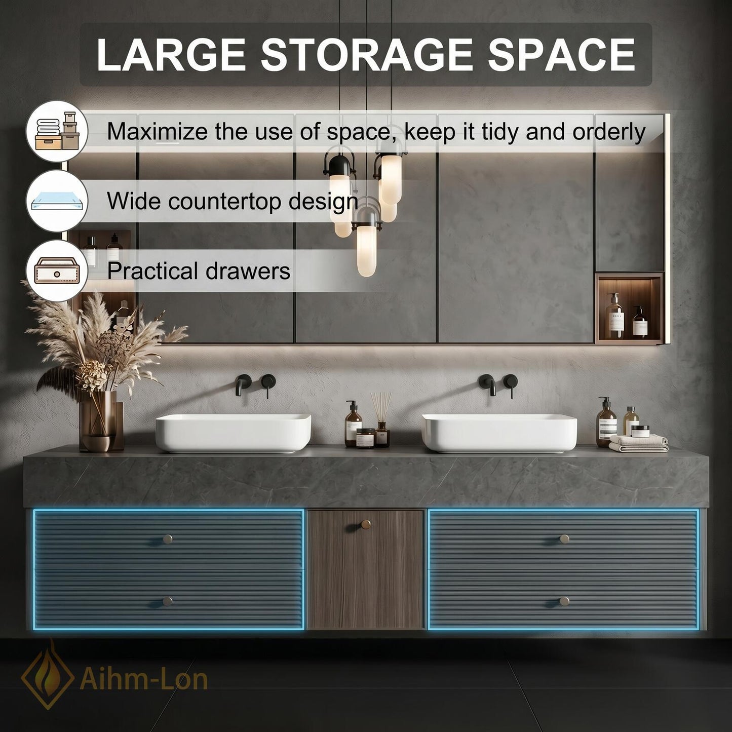 60''-96'' Double Bathroom Vanity with Sink Modern Floating Basins Dual Vessel Slat