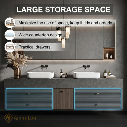 60''-96'' Double Bathroom Vanity with Sink Modern Floating Basins Dual Vessel Slat