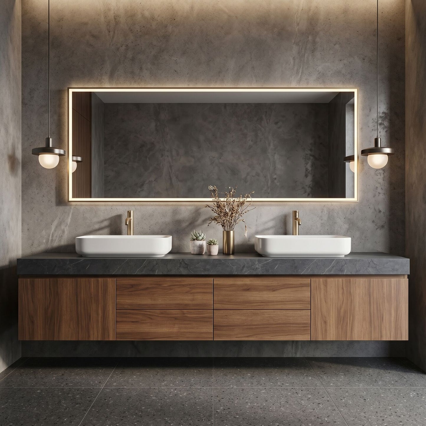 60''-96'' Modern Bathroom Vanity with Sink Double Sink Dark Stone Walnut Wood Drawers Cabinet