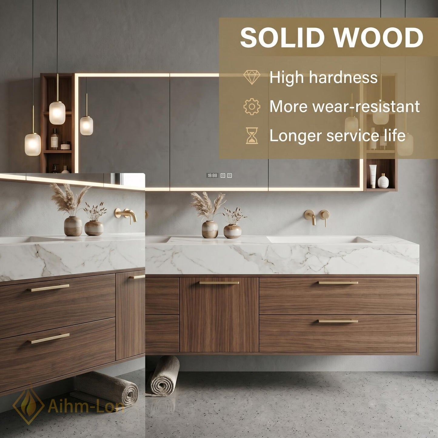 60''-96'' Double Bathroom Vanity with Sink Modern Floating Marble Top Walnut Finish