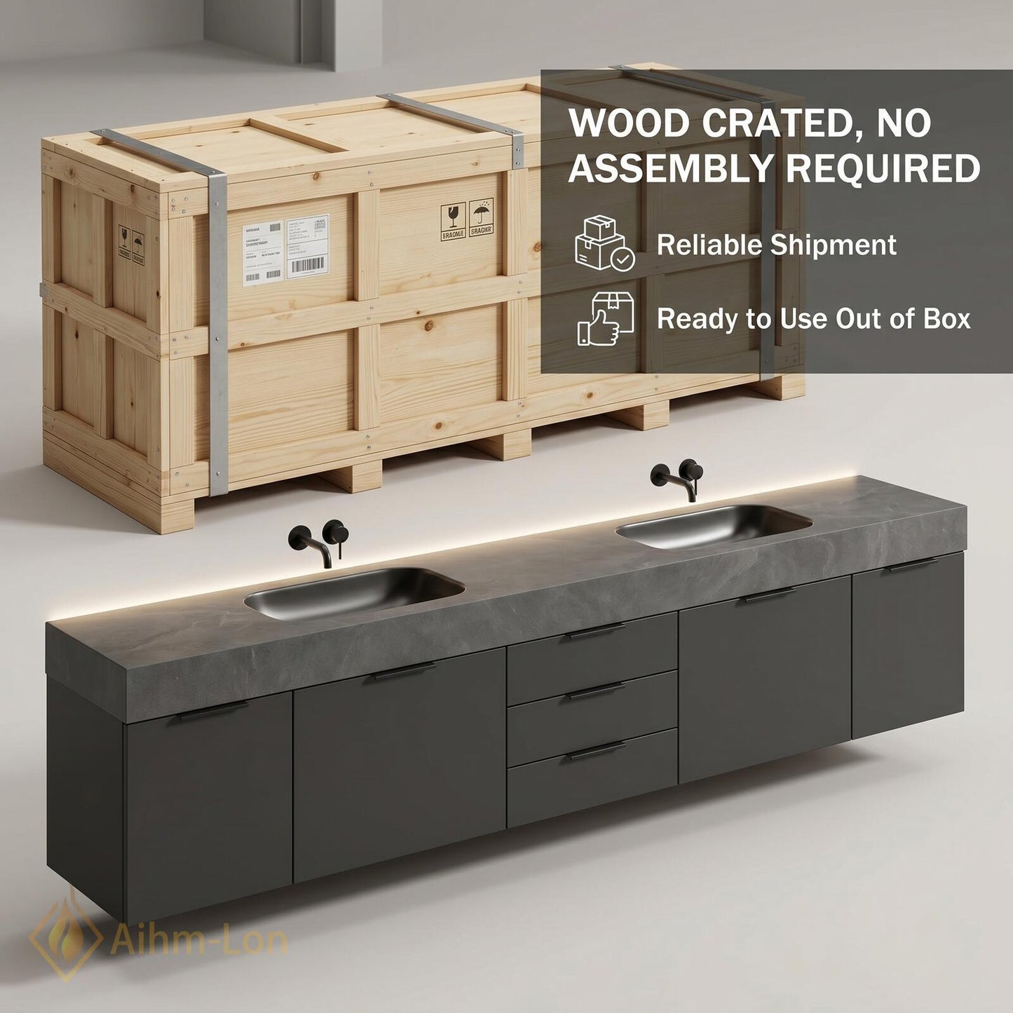 70''-96'' Modern Double Bathroom Vanity with Sink Floating Dark Matte Stone Top