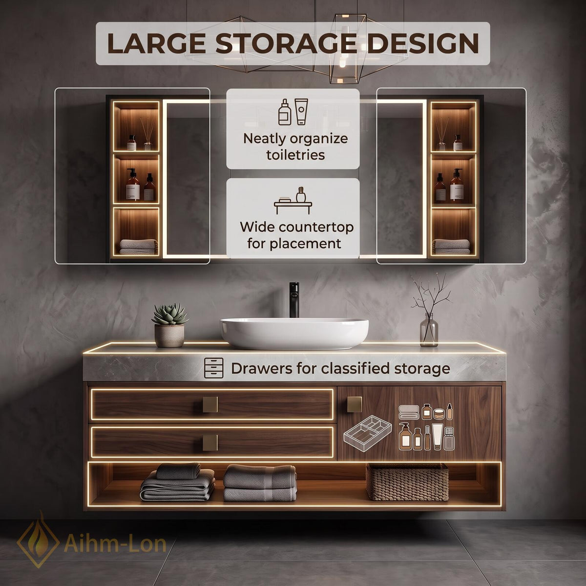36''-110'' Floating Bathroom Vanity with Sink Dark Wood Finish Spacious Side Storage
